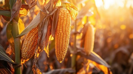 Golden Corn Ears in Sunset Light