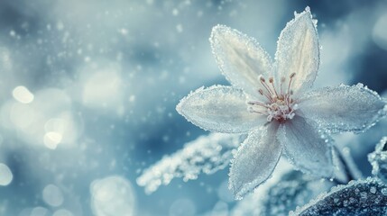 Fototapeta premium A delicate white flower covered in frost against a soft blue background.