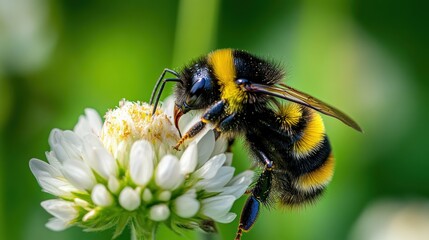 A close-up of a bumblebee pollinating a white flower in a vibrant green background.