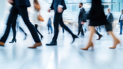 Blurred image of people walking in a modern indoor space, suggesting a busy environment.