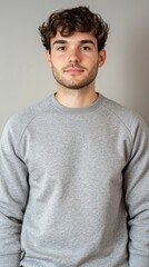 Fototapeta premium A young man with curly hair wearing a grey sweatshirt, standing against a neutral background.