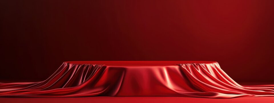Red podium cloth background silk fabric table cover pedestal satin. Curtain cloth product podium red reveal stand stage gift studio platform luxury display texture award mystery box premium magenta