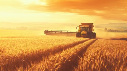 Naklejka premium A combine harvester working alongside a tractor in a vast wheat field, capturing the essence of large-scale agricultural farming.