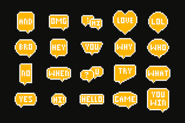 Vector 8-bit retro style pixelated speech bubbles. Pixel speech bubbles, chat speech or dialogue bubbles in 8 bit style.