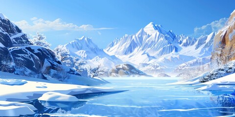 Obraz premium Snow-covered mountain landscape with frozen lake and blue sky. Digital illustration of winter scenery and nature.