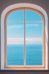 Elegant window framing a stunning view of the tranquil blue ocean.