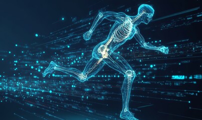 Illustration of a runner with an orthopedic x-ray interface, representing bone and joint medical treatments, Generative AI