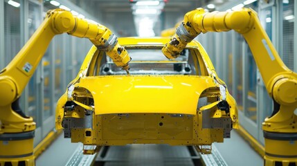 Robotic Arms Painting Automotive Bodies in Factory Setting