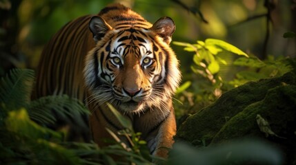 Obraz premium Close-up of a tiger in its natural habitat. Wild tiger in the middle of plants staring at the camera. backgrounds of amazing animals in their natural habitat