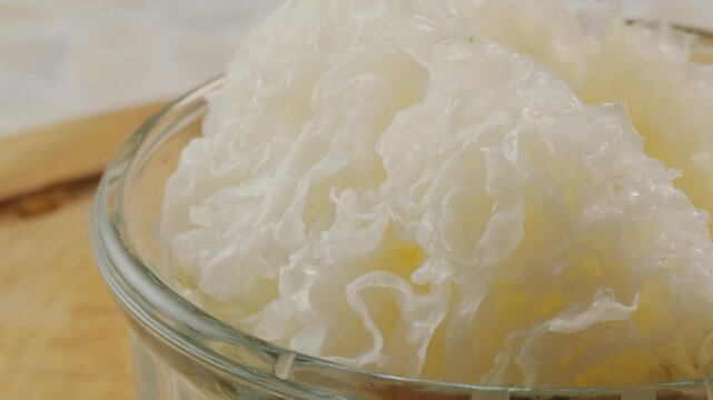 Tremella fermented salted Jamur salju or snow fungus, white colored fungi for food and medicine, popular in China and also Chinese cuisine. 
