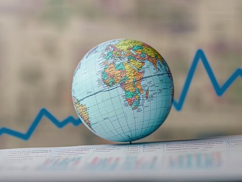 Global Progress: A Striking Poster for Sports Interiors Featuring a Globe atop a Corporate Report with a Rising Blue Line Graph, Symbolizing Growth and Achievement