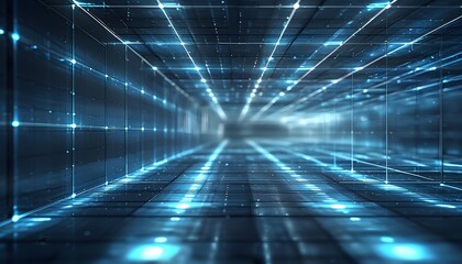 Abstract Digital Space Grid with Glowing Lines and Points of Light