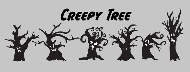 Halloween Silhouette Creepy Tree Hand Drawn in Vector
