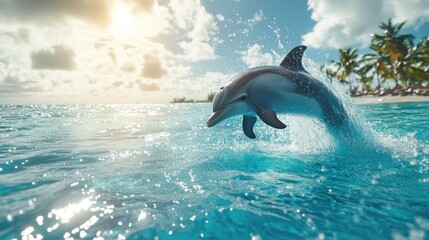 Fototapeta premium Dolphin Leaping in Clear Tropical Waters