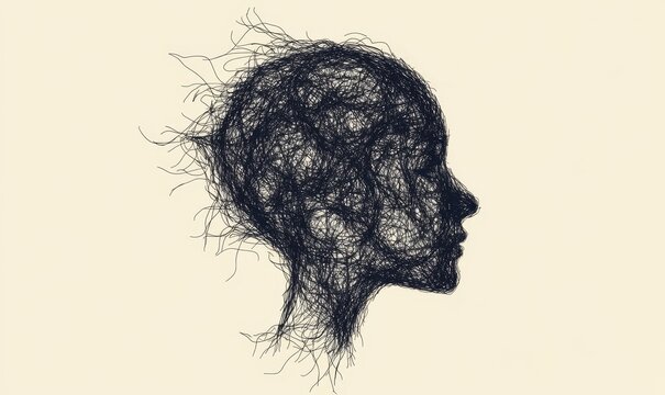 complicated abstract mind illustration. empty head with messy line inside. tangled scribble doodle  path design, Generative AI