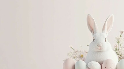 Charming White Bunny Nestled Among Colorful Easter Eggs in a Woven Basket, Capturing the Essence of Springtime Joy and Festivity