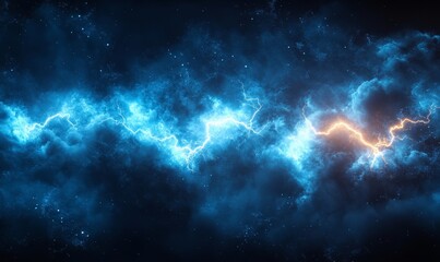 Naklejka premium thunder light and blue smoke cloud bottom frame. Mysterious lightning glow border wide panoramic element. Fluffy magic spell mist glowing with bolt energy charge overlay turquoise, Generative AI