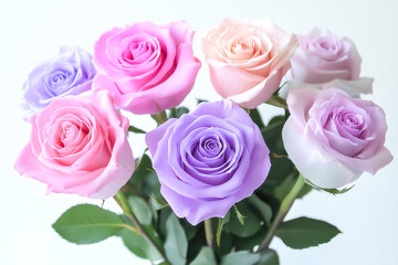 Fototapeta premium Bouquet of delicate pastel-colored roses, arranged in an elegant vase