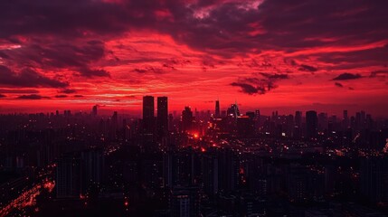 Fototapeta premium A vibrant sunset over a city skyline, casting dramatic colors across the clouds and buildings.