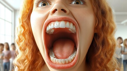 A woman with a wide open mouth looking surprised and scared