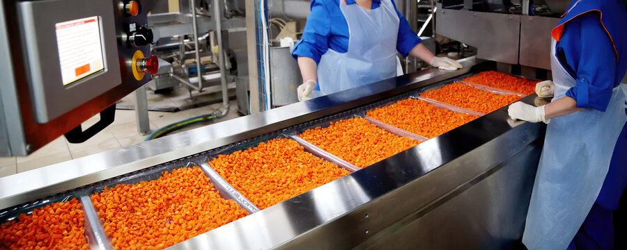 Workers process bright orange snacks on a conveyor belt inside a food production facility in early morning hours