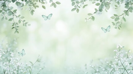 Obraz premium Serene Green Background Adorned with Delicate White Flowers and Graceful Butterflies, Capturing the Beauty of Natures Harmony