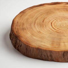 Wooden tree trunk slice on a white isolated background.
