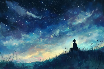 Fototapeta premium Dreamy scene of a lone figure stargazing on a grassy hill, surrounded by a sea of twinkling stars