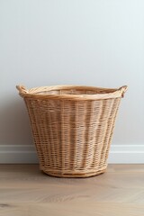 Woven basket on wooden floor, minimalist design, natural decor element, home organization.