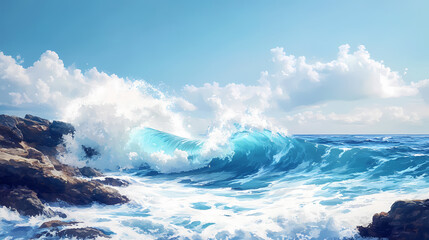 Fototapeta premium Painting of a wave breaking on a rocky shore with a blue sky. Rocky Shore. Illustration