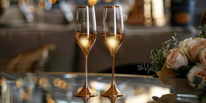 Elegant gold drinkware for festive toasts in champagne flutes.