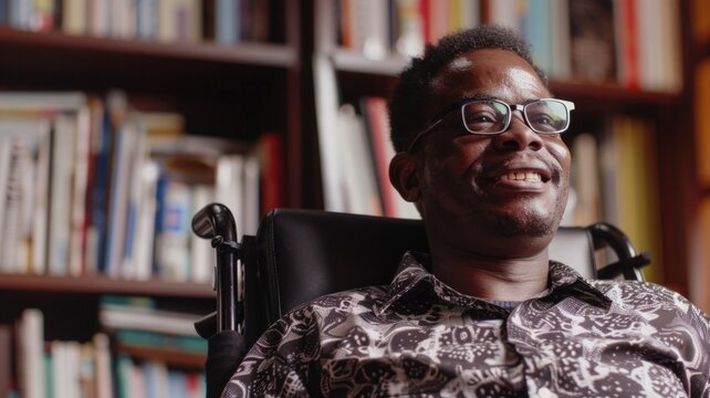 A young African man in a wheelchair is deeply engaged in reading a book,Day of Education - Powered by Adobe