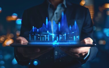 Businessman holding a tablet displaying a glowing digital financial graph. Business analysis and data visualization concept.