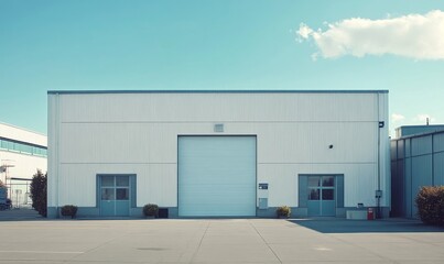 Exterior of a modern warehouse with a small office unit, Generative AI