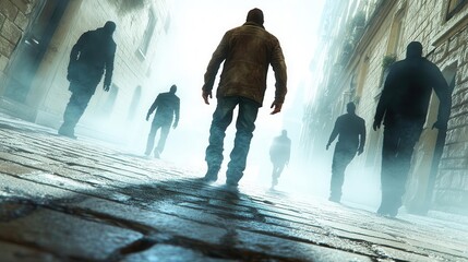 A lone man walks into a foggy alleyway as figures approach him