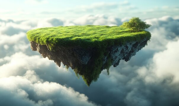 A 3D rendered image of a floating slice of land with a green grass surface, creating a surreal and isolated grass field floating in the air with, Generative AI