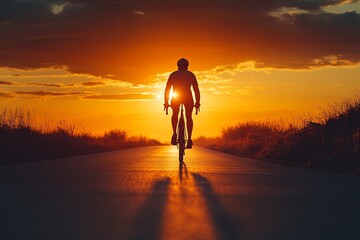 Rear back view of a cyclist man silhouetted against the orange twilight sky, riding on an asphalt road at dusk. Highlights summer outdoor sport activity and healthy lifestyle.