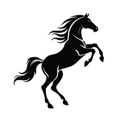 Obraz premium a black and white silhouette of a horse rearing up on its hind legs. The horse appears to be in mid-stride, with its front legs stretched out and its head turned to the side