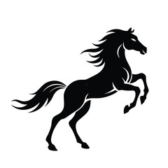 a black and white silhouette of a horse rearing up on its hind legs. The horse appears to be in mid-stride, with its front legs stretched out and its head turned to the side