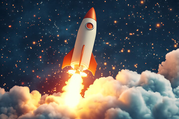 A rocket launches into space, surrounded by clouds and stars, symbolizing exploration.