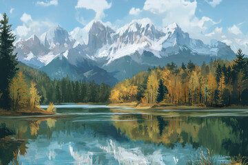 Obraz premium Majestic mountain landscape with a crystal-clear lake reflecting the surrounding peaks