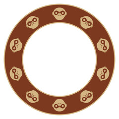 Naklejka premium Round animal frame or circular border with monkey faces. Ethnic design of Moche Indians from ancient Peru. On red background.