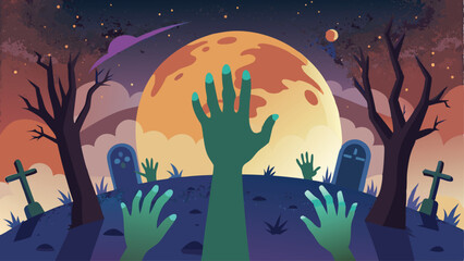Print Zombie Hands Emerging from the Ground Halloween Background Vector Illustration of Spooky Night Scene