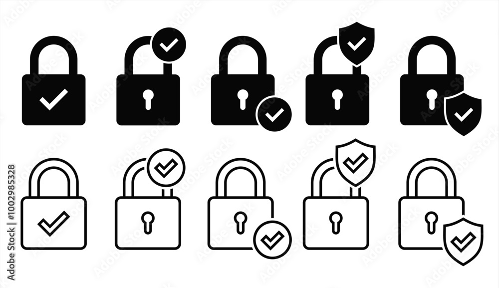 Poster Set of security lock icons. Circle and shield with lock icon with check mark. Security lock, cyber defence. Vector 10 eps.