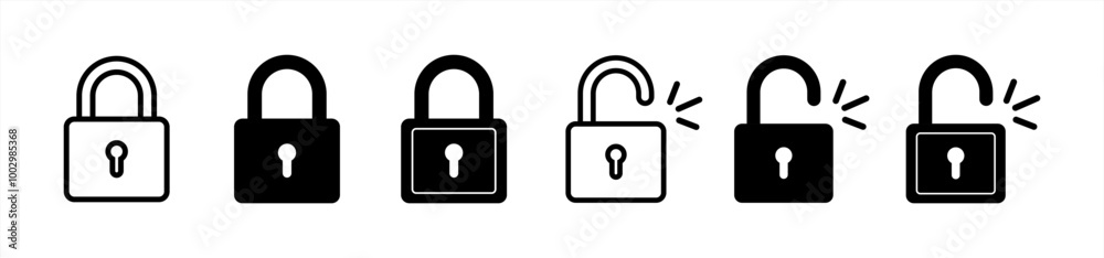 Poster Lock icon collection. Locked and unlocked black line icon set. Flat security symbol. Lock symbol isolated on white background. Padlock symbol. Privacy symbol vector stock 10 eps.