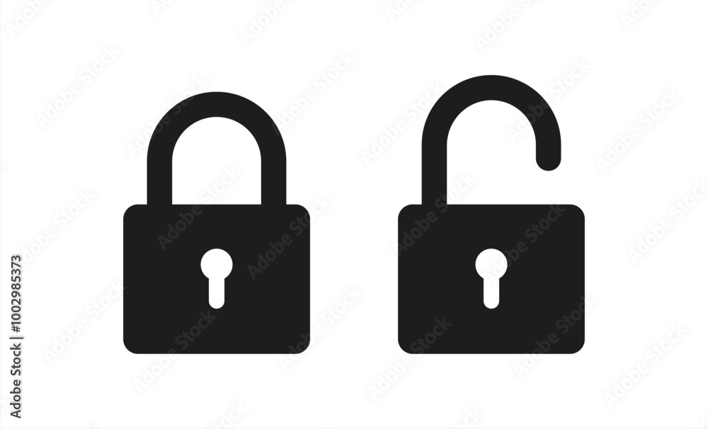 Poster black isolated icon of locked and unlocked lock on white background. set of silhouette of locked and