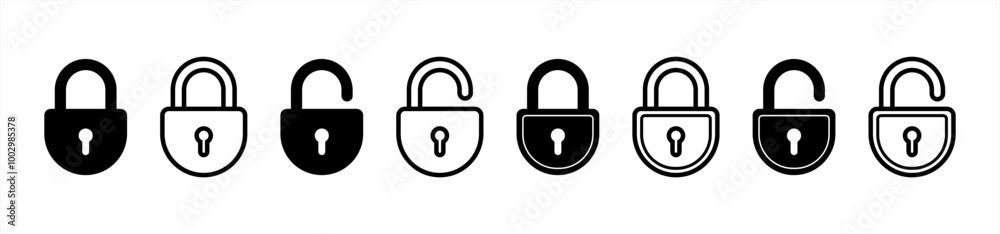Poster Lock icon collection. Locked and unlocked black line icon set. Flat security symbol. Lock symbol isolated on white background. Padlock symbol. Privacy symbol vector 10 eps.