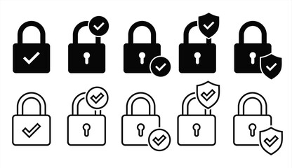 Set of security lock icons. Circle and shield with lock icon with check mark. Security lock, cyber defence. Vector 10 eps.