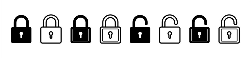 Black isolated icon of locked and unlocked lock on white background. Set of Silhouette of locked and unlocked padlock. Flat design. Illustration 10 eps.
