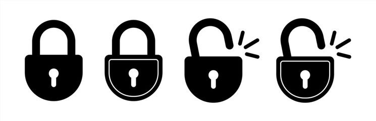 Black isolated icon of locked and unlocked lock on white background. Set of Silhouette of locked and unlocked padlock. Flat design. Vector 10 eps.